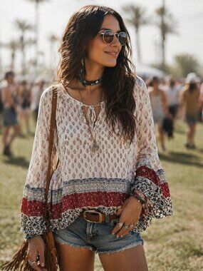 Sanctuary Cream Red Boho Tie Neck Long Bell Sleeve Top Size Small